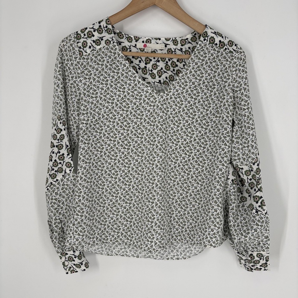 Boden Blouse Womens 2 White Floral Print Long Sleeve V Neck Lightweight